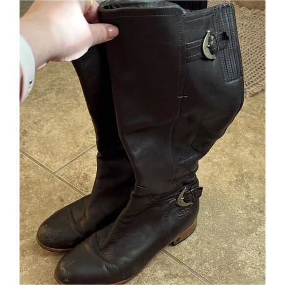 UGG Amberlee Riding Boots Espresso Brown Leather Buckle Womens Size 9 - Picture 1 of 7